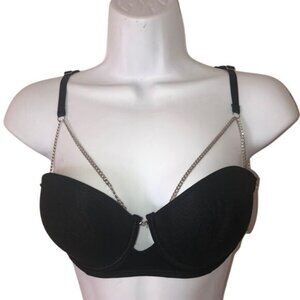 Ooh La La Cheri Paris Black Padded Chain Strap Bra Size L Underwire & Mesh Back